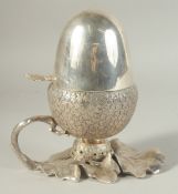 A SILVER PLATED ACORN EGG COASTER 7.5ins.