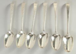 A GOOD SET OF SIX GEORGE III SILVER TABLE SPOONS by HESTER BATEMAN with crest. London 1774.