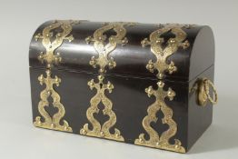 A GOOD LARGE 19TH CENTURY CORMANDEL DOME TOP BRASS MOUNTED TEA CADDY. 12ins long.