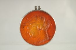A SUPERB 19TH CENTURY SILVER AND INTAGLIO CAMEO OF A MAN, 2ins diameter.