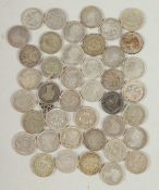 A BAG OF FORTY SILVER THREE PENNY PIECES, mostly Victorian.