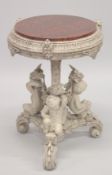 A 19TH CENTURY CARVED AND PAINTED WOOD CENTRE TABLE, the ornate base covered with three cherubic