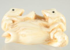 A CARVED BONE GROUP OF TWO FROGS. 1.75ins.