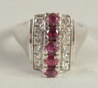 A GOOD 18CT WHITE GOLD ART DECO RUBY AND DIAMOND RING.