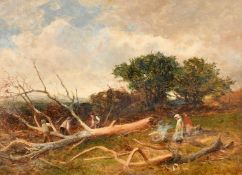 David Bates (1840-1921) British, A landscape with men chopping a fallen tree with other figures near