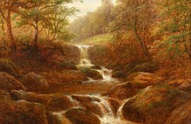 William Mellor (1851-1931) British, a waterfall leading to a rocky pool with sheep beyond, oil on