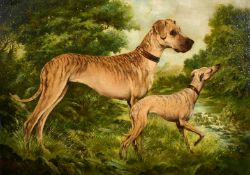 Richard Jennings (20th Century), dogs waiting by a river, oil on board, signed, 20