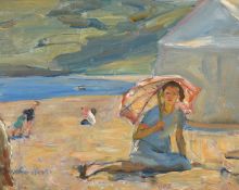 Florence Adelina Hess (1891-1974), 'Peggy' lady under a parasol on a beach, oil on panel, signed, 9