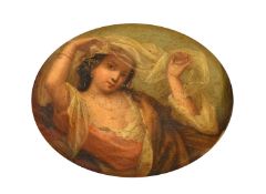 Late 18th Century, Portrait a of elegant lady holding a white vail above her head, oval oil on metal