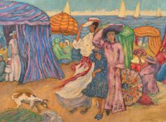 Manner of Janos Vaszary, Woman and children on a beach with tents and parasols, oil on board,