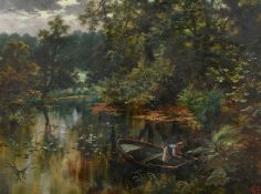 Edgar Longstaffe (1852-1933), figure in a rowing boat on a tree lined river, oil on canvas, signed