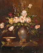 Continental School, 20th Century, a still life of roses in an ornate vase, oil on panel,