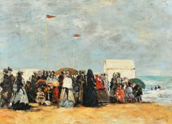 After Boudin, elegant figures gathered on a beach, oil on canvas laid down, bears signature, 11