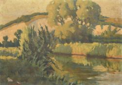 Attributed to George Middlecoat (1890-1959), A river landscape, oil on panel, indistinctly signed,