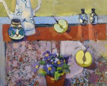 Barbara Stewart, Still life with apples, oil on canvas, signed, labels verso,15.75