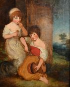 Late 18th Century English School, children and a cat seated outside a rural cottage, oil oncanvas,