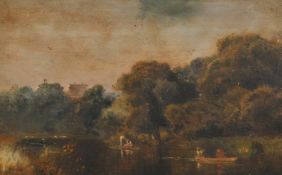 Robert Gallon (1845-1925) British, figures punting on a river, oil on panel, inscribed verso, 7