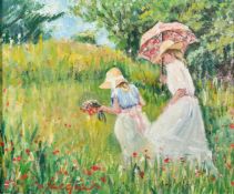 20th Century, probably Russian School, young girls collecting wildflowers, oil on canvas,