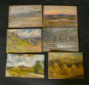 A grouped lot of twelve 20th Century unframed oil on board landscapes, all around 6