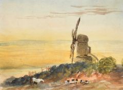 David Cox Junior (1809-1885), a windmill at sunset, watercolour, 4.5