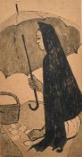 Peter Barrett (20th Century), a seated figure holding an umbrella, ink and wash, signed, 16