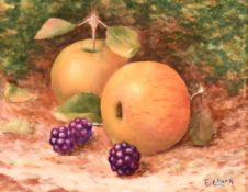 F. Clark, a painted porcelain tile of apples and blackberries, signed, 3.25