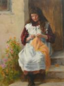 Josh Fisher, 'Knitting Grandmas Shawl', a young girl sitting on steps outside a cottage door