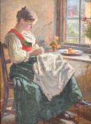 Carl Kricheldorf (1863-1934) German, a young female in traditional dress sat sewing by a window, oil