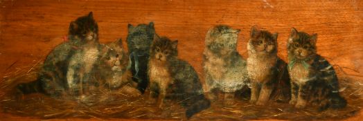 Bessie Bamber (late 19th/Early 20th Century), a group of seven kittens, oil on walnut panel,