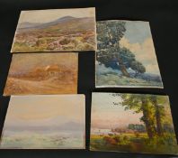 Charles Edward Brittan, sheep in a moorland landscape, watercolour, signed, along with four