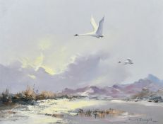 C. Howard Devonald (b. 1944), Swans flying over water with hills beyond, oil on canvas, signed,