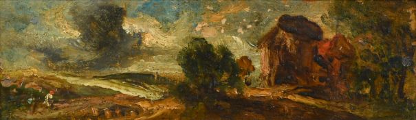 Circle of Constable, an oil sketch of a figure in open farmland, oil on oak panel, stamped with