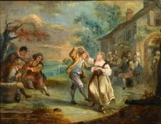 18th Century, A group of figures outside a tavern, musical instruments being played and a couple