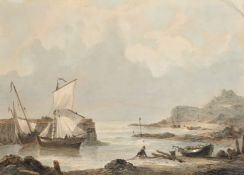 19th Century English School, a fisherman hauling nets in a harbour, watercolour, 10