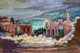 Phyllis Bray (1911-1991) British, A Mediterranean scene with ruins above a bay looking out to sea,