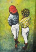 20th Century, an acrylic on paper study of two jockeys in conversation, indistinctly signed, 21