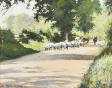 Isabella Wylie Lowe, Sheep on a country lane, watercolour, signed and dated 1915, 8.25