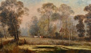 John Longstaffe (1849-1912), figures and cattle by a woodland cottage, oil on canvas, signed, 12