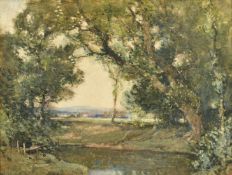 Samuel John Lamorna Birch, a woodland pool with a distant town beyond, watercolour, signed, 13
