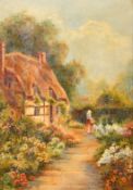 Eve Maryon, A pair of cottage scenes with flowers in bloom and figures, a Cornish cottage and a