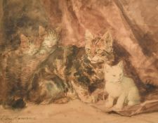 Louis Eugene Lambert (1825-1900) French, A tortoiseshell cat with kittens, watercolour, 9.75
