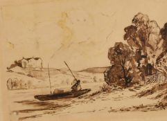 Circle of Montague Dawson, a hay barge under sail, watercolour, 9.5