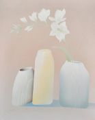 20th Century, a still life of flowers and three vases, acrylic, indistinctly signed, 24