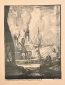 Leslie Moffat Ward (1888-1978), 'Liners Taking in Stores at Southampton Docks', lithograph, 19