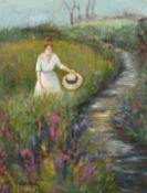 H.L. Hildebrandt, A lady standing next to a stream with pink wild flowers, oil on board, signed, 18