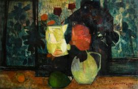 Rowell Tyson (b. 1926), a still life of flowers and jugs, oil on board, signed and dated 1962, 20
