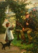 Attributed to Frank Coleman (late 19th Century), a young girl showing an elderly wayfarer a