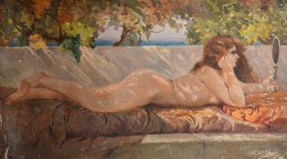 Late 19th Century, A nude young woman lying on her front holding a looking glass, a Mediterranean