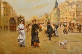 J. Gaston (20th Century) Figures and carriages on an busy Continental city street, oil on canvas,