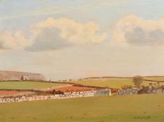 Robert Morson Hughes (1873-1953) British, A rural landscape with dry stone walls and houses in the